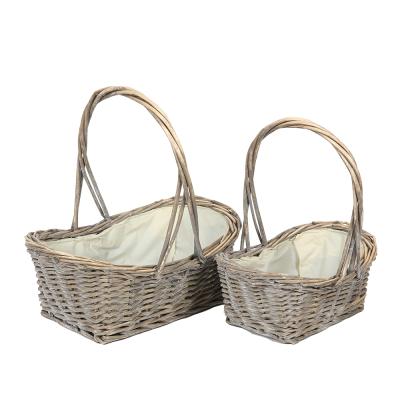 China Sustainable Natural Double Handle Basket Bridesmaid Rustic Wicker Hanging Basket With Coating Hard Lined Wicker Baskets For Fresh Flowers for sale