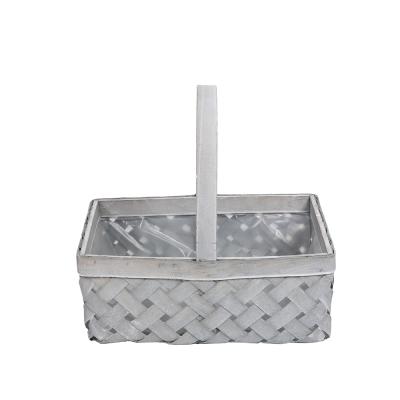 China New Fashion Viable Gray Rectangle Wooden Flower Basket With Flower Wood Poplar Basket Chip Wooden Basket With Plastic Liner for sale