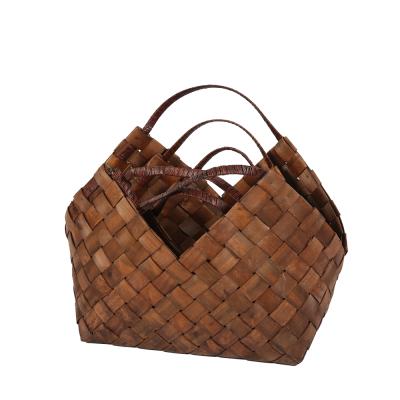 China Other Brown Decor Basket Handmade Waste Wood Tote Basket Purses and Women Grab Wooden Hand & Woven Wooden Basket with Handle for sale