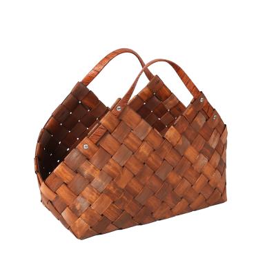 China Eco-friendly Handmade Woven Wooden Baskets Women Handbags Ladies Storage Basket Chip Storage Basket Bags With Handles for sale