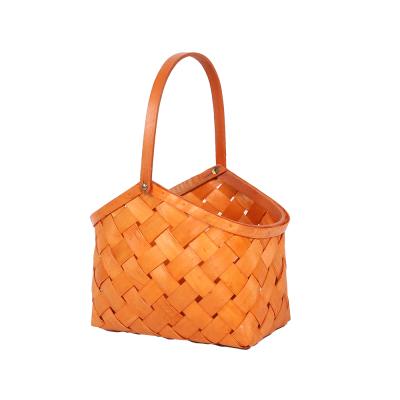 China Eco-Friendly Natural Handmade Striped Leaf Brown Wood Woven Storage Basket Wooden Hand Woven Hand Basket for sale