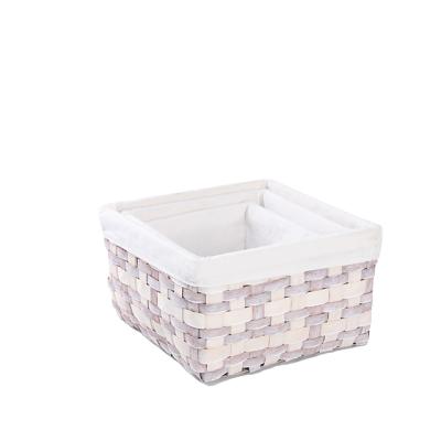 China Three Household Poplar Wooden Chip Basket Wooden Chip Basket Style Viable Woven Handmade Organizer Storage Basket Set With Lining for sale