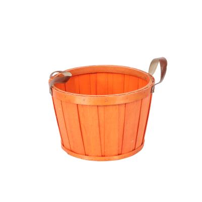 China Poplar Wood Modern Wooden Basket Eco-Friendly Round Bucket Basket Handmade Woven Wooden Base With Handle for sale