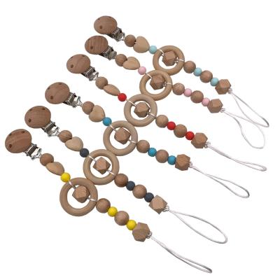 China AliGan products baby soother rope boys and girls infant toys silicone BPA free pacifier chain beech wood pacifier clip chain anti-drop chain for sale