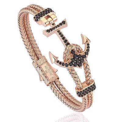 China New Fashion Design Gold Plated Micro Pave CZ Anchor Hook Charm Steel Mesh Barbed Wire Bracelet Jewelry For Men for sale