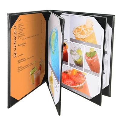 China Double Panel 6 Panel View PU Black Leather Menu Cover Administrative Format For Food Restaurant Cafe Bar for sale