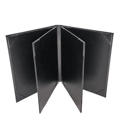 China Double Panel Customized Logo Printing PU Hardcover A4 Black Leather Restaurant Menu Book for sale