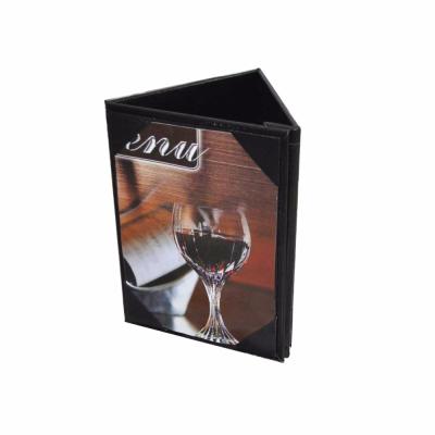 China Three Panel Paper Inserted PU Triangle Black Leather Menu With Magnetic for sale