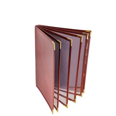 China Restaurant A4 Size PU OEM Factory Double Board Clear PVC Plastic Transparent Inner Pages Menu Leather Cover With Metal Cone Winders for sale