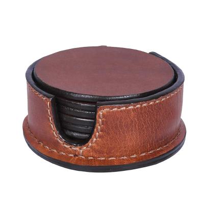 China Viable Genuine Leather Printed Round Cup Leather Coasters For Beverage, 10x10cm for sale