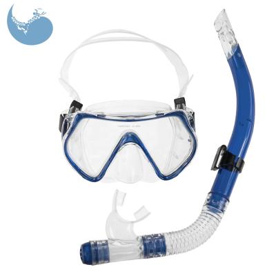 China Large View / Durable Good Quality Blue Silicone Snorkeling Mask And Flexible Snorkeling Diving Set for sale