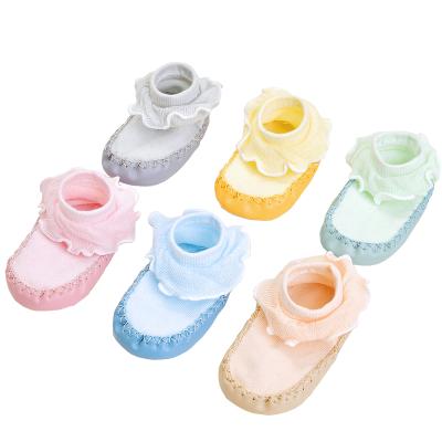 China China Sustainable Ready to Ship Knitted Socks with Lace Socks Leather Sole Shoes for Baby Infants Toddlers for sale