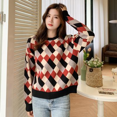 China Women's Clothing QUICK DRY 2021 Autumn Women's Winter Knitted Sweaters Color Block Vintage Loose Knitted Sweater for sale