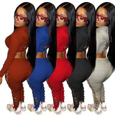 China Two Pieces Breathable Drop Shipping Women Set Hollow Women Casual Pants, Solid Hoodies Sets For Women for sale