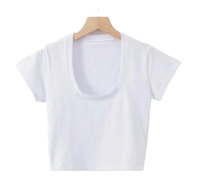 China Custom Sexy Women's White U Anti-Pilling Culture Top T-Shirt Ladies Short Sleeve Shirts 100% Cotton For Women for sale