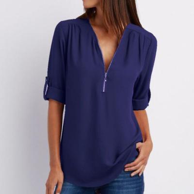 China Hot sale extra large size anti-pilling women's long sleeve loose chiffon shirt v-neck zipper for sale