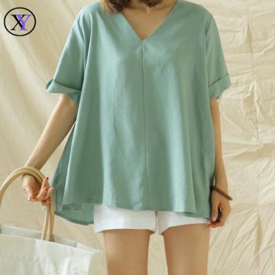 China New Lady Pattern Linen Blouse Plain V-Neckline Anti-pilling Xinyi Summer Clothing Wholesale for sale