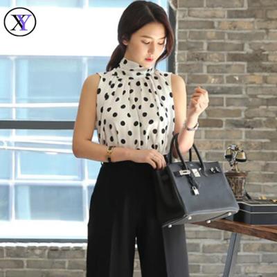 China Round Sleeveless Dot Silk Blouse For Women Anti-pilling Summer New Design Neck Top for sale