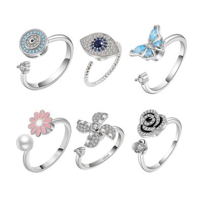 China Daidan Lead Free Nickel Free Evil Eye Ring Adjustable Anxiety Ring 925 Sterling Silver Daisy Rose Spinning Spinner Thumb Rings for sale