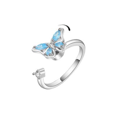 China Daidan Ring 925 Ring 925 Lead Free Sterling Silver Anxiety Ring Adjustable Blue Stone CZ Restless Person Butterfly Rotating Ring for sale