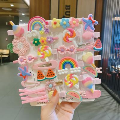 China Girls 14pieces/sets Sweet Rainbow Fruit Sponge Colored Cute Barrette Soft Hairpin Child Hair Clip Set for sale