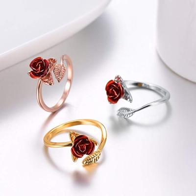 China Fashionable Rose Flower Gold Silver Plated Women's Jewelry Valentine's Accessories Copper Rose Rings Adjustable For Women for sale