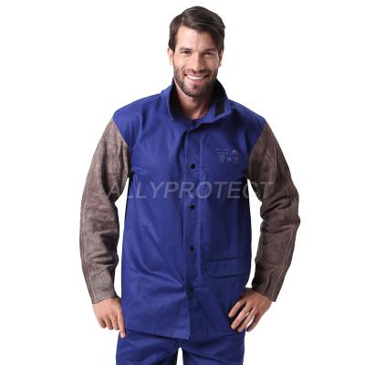 China Certified Flame Retardant Cotton Welding Jacket with Leather Arm Sleeves of Proban Workwear for sale