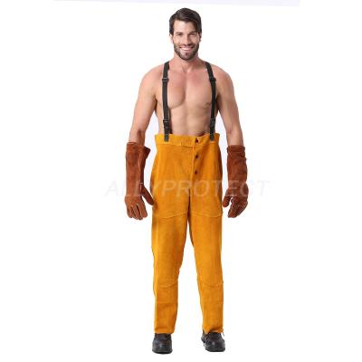 China Golden Leather Heat Resistant Cut-Proof Gallus Work Pants Leg Protection For Welding Heavy Work for sale