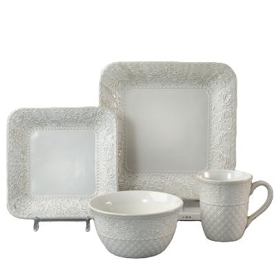 China Hot Sale Sustainable Wholesale Household Cheap Square Dish Embossed Ceramic Dinnerware Sets Stock Square Dinnerware for sale