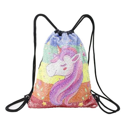 China Waterproof Round Unicorn Drawstring Sequin Backpack Glitter Magic Shiny Reversible Drawstring Bags for sale