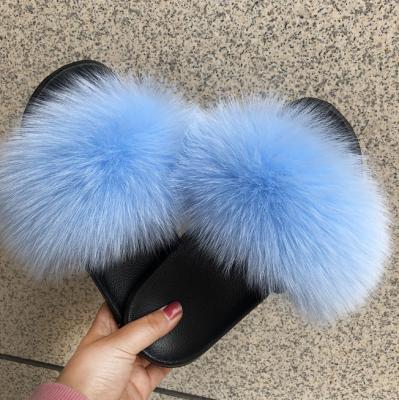 China Indoor Fluffy Slippers Real FOX Fur Slides Flip Flops Spring Plush Indoor Slippers Casual Shoes Woman for sale