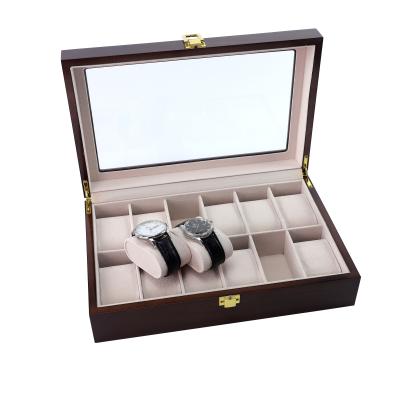 China Wooden Watch 12 Watch Organizer Leather Jewelry Display Box For Men And Women With Glass Display for sale