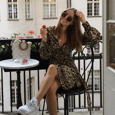 China Magicmk Fashion Leopard Women Anti-Static Bandage Casual V-Neck Long Sleeves Dress for sale