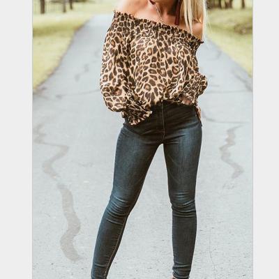 China New Women Clothing Anti-Wrinkle One-Shoulder Long Sleeve Loose Casual Leopard Printed Blouses Tops for sale