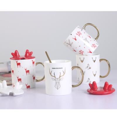 China Viable Christmas Antlers Factory Price Coffee Mug Deer Cartoon Pattern Tumbler Creative Milk Tea Ceramic Travel Mug With Cover for sale