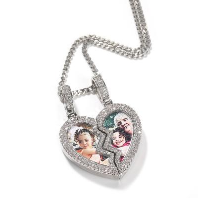 China Trendy Custom Made Broken Heart Europe And America Photo Magnet Picture Frame Pendant Necklace For Women Man Rapper Jewelry for sale