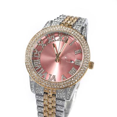 China Alarm Hiisees New Arrival Quartz Watch Two Tone Rhinestones Watches Pink Round Large Dial Waterproof Men's Women's Watches for sale