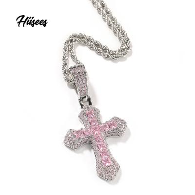 China OEM Wholesale Bulk Custom Tasty Hiphop Necklace Iced Out Christian Pink Religious CZ Diamond Jesus Piece Cross Pendants for sale