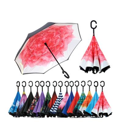 China All In 1 OEM Custom Logo Free Stylish Umbrellas C Shaped Handle Reverse Double Handle Creative Long Umbrella for sale