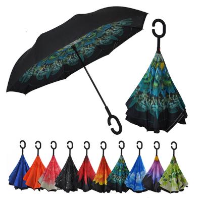 China All In 1 Double Layer Umbrella Peacock Design High Quality Inverted Reverse Umbrella Outdoor Rain And Sun Inverted Inside Out for sale