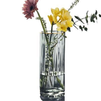 China Creative Lily Rose Handmade Vertical Straight Living Room Flower Arrangement Glass Tube Gold Pattern Sunflower Vase for sale