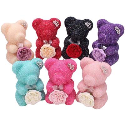 China Luxury High Quality Masonry Rose Bear Teddy Bear Preserved Flowers Wedding Decoration Rose Valentine's Day Red White for sale