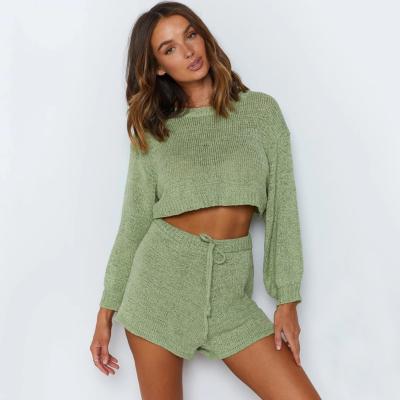 China New Design Fashion Anti-wrinkle Women Solid Long Sleeve Casual Knitted Sweater And Shorts Two Pcs In One Set for sale