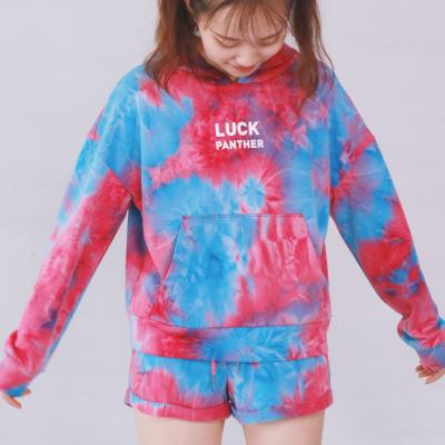 China Anti-Wrinkle Women's Tie Dye Long Sleeve Hoodies Set Pullover Sweatshirt Tops With Drawstring for sale