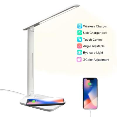 China Wireless Charger 10W LED USB Table Desk Lamp Left Charging Dimmable Eye-Worrying Touch Radio Phone Charger Portable Table Lamp for sale