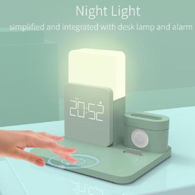 China Modern 3 in 1 Fast Charging Wireless Charger LED Night Light with Digital Alarm Clock for iPhone 12 Pro Max Mini AirPods iWatch for sale