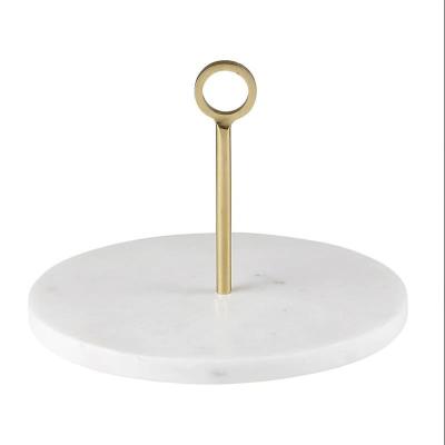 China Viable Wholesale New Design Round White Marble Server Cake Stand With Gold Handle Brass Hook for sale