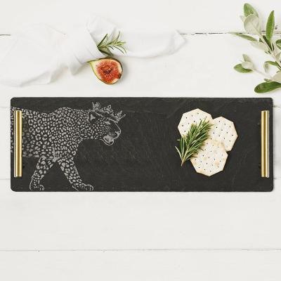 China Disposable Custom Design Slate Crowned Animal Patterns Serving Tray With Gold Stainless Steel Handles for sale