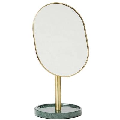 China Elegant Gold Tone Magnifying Oval Silhouette Vanity Mirror With Green Marble Base for sale