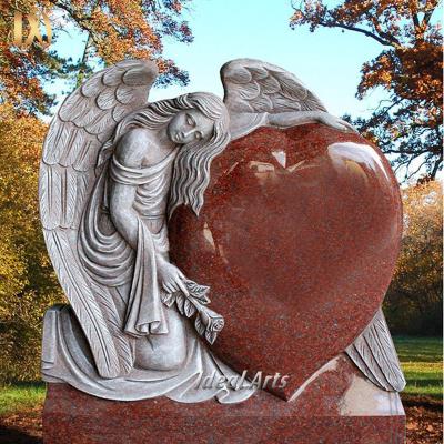 China Modern Ideal Arts Double Heart Headstone With Statue Granite Headstones Red White Headstone for sale